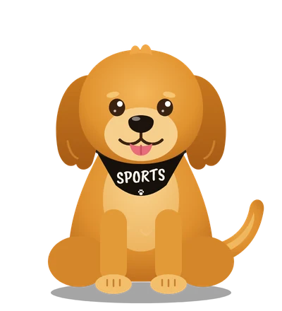 Sports, an illustrated golden retriever in a black SPORTS bandana, ready to play.